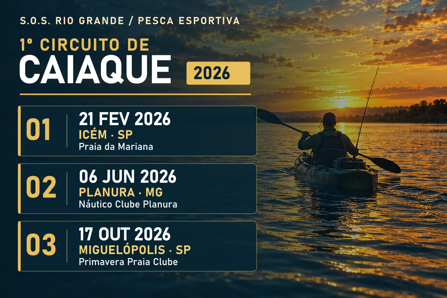 Calendário ilustrado das três etapas do circuito de caiaque de 2026